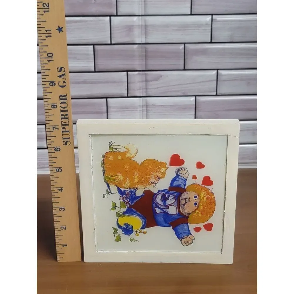 Vintage GLASS Cabbage Patch Doll Picture Cat & Hearts Rare